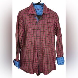 Robert Graham Men’s Shirt Wine/Green Plaid w/ Blue Circles Flip Cuff Size LARGE